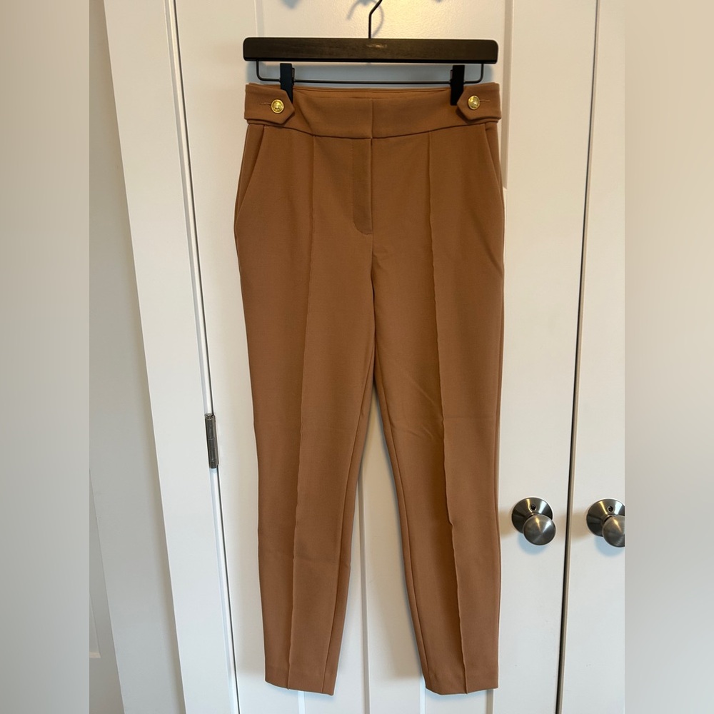 Express Tan Women's High Waist Trousers with Gold Buttons